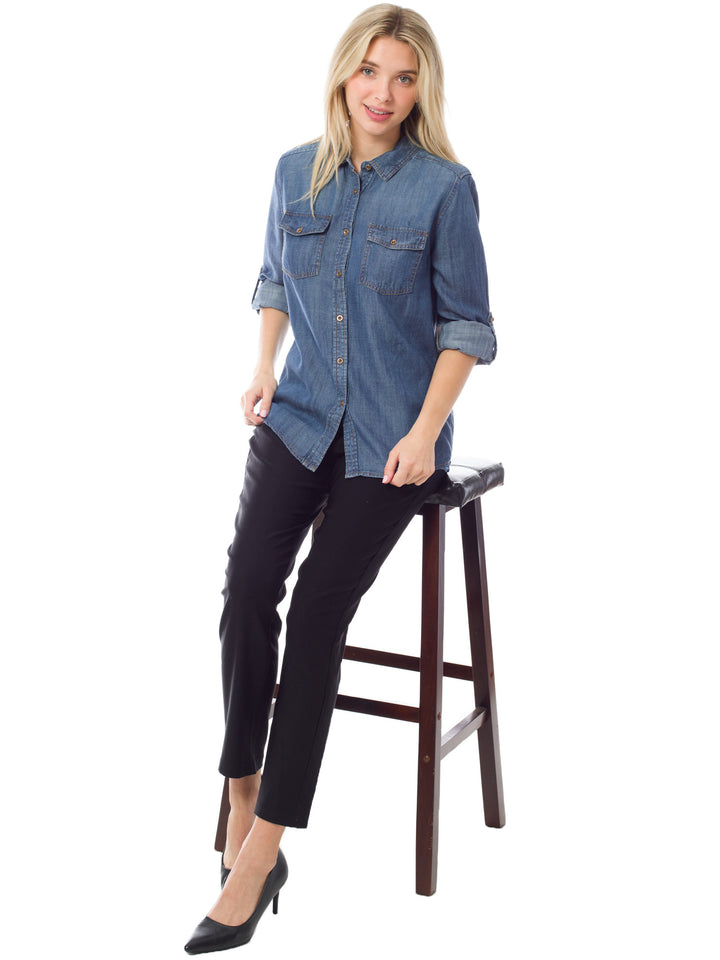 Roll-Tab Sleeve Chambray Button Down Shirt
