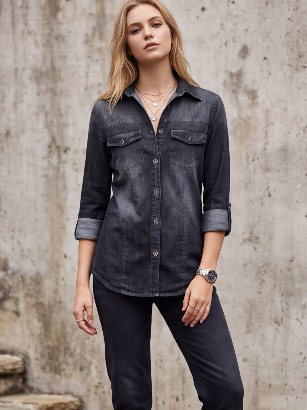 Roll-Tab Sleeve Stretch Denim Button Down Shirt