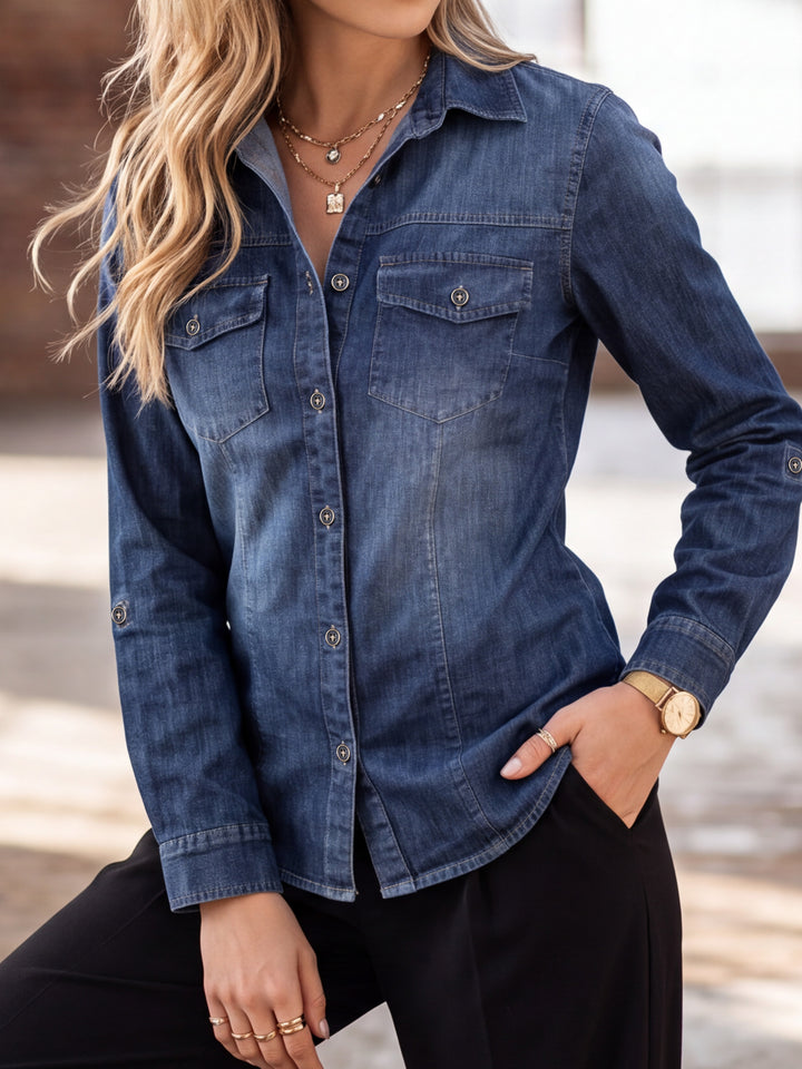 Roll-Tab Sleeve Stretch Denim Button Down Shirt