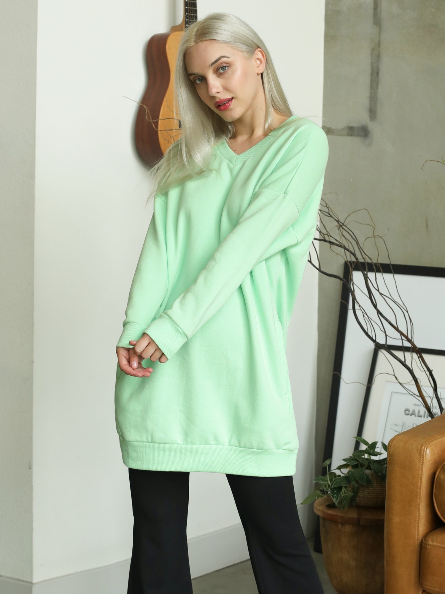 Casual Oversized Loose Fit V-Neck Fleece Pullover Sweatshirts Tunic Fall Outfits S~3X2