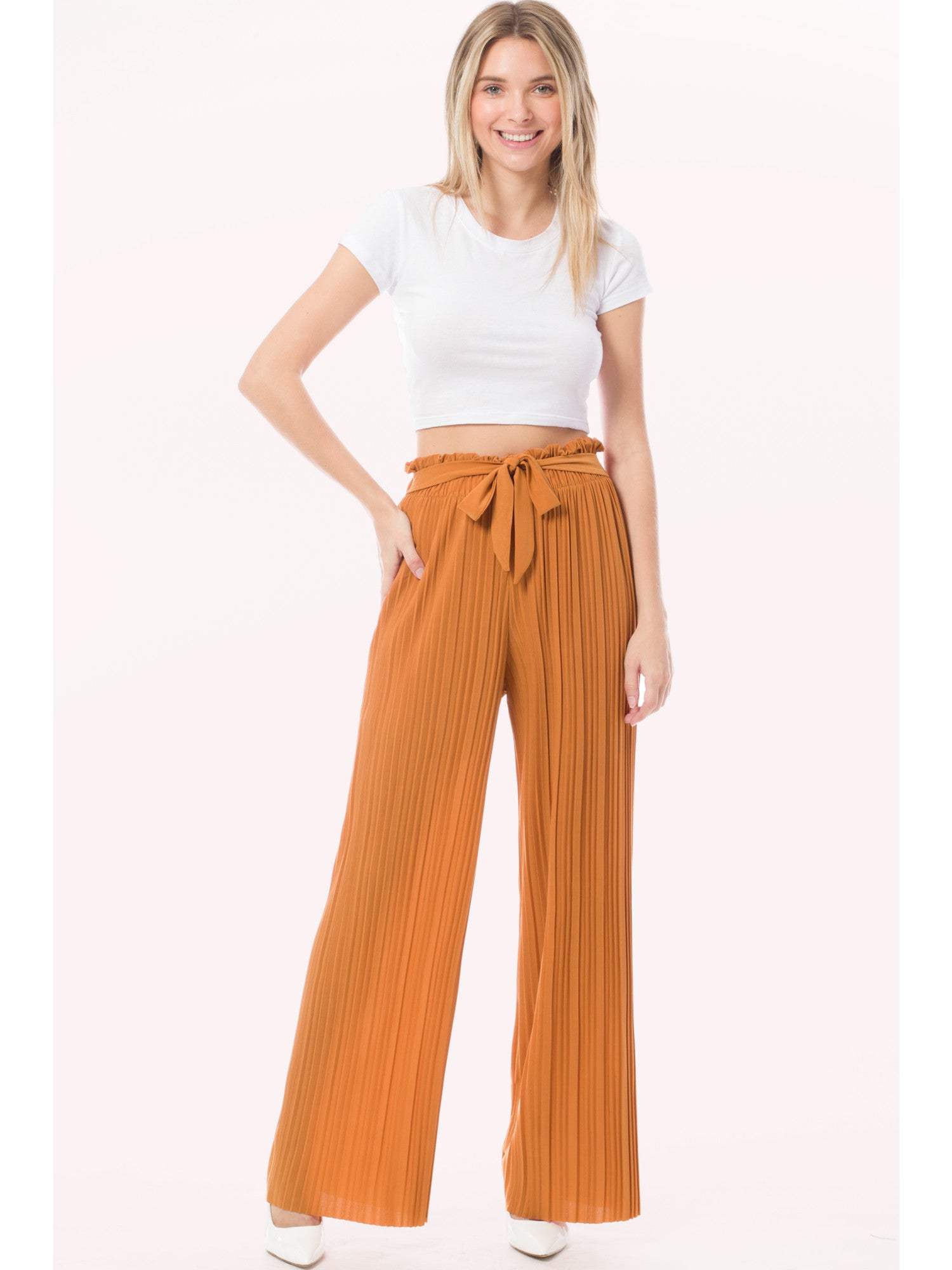 Wide Leg Chiffon Loose Pleated Palazzo Pants with Built-in Flexible Liner Shorts and Ribbon Tie  Closure