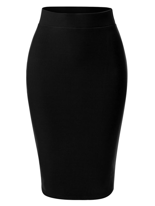 Elastic Waist Scuba Bodycon Knee Length Midi Pencil Skirt with Back Slit