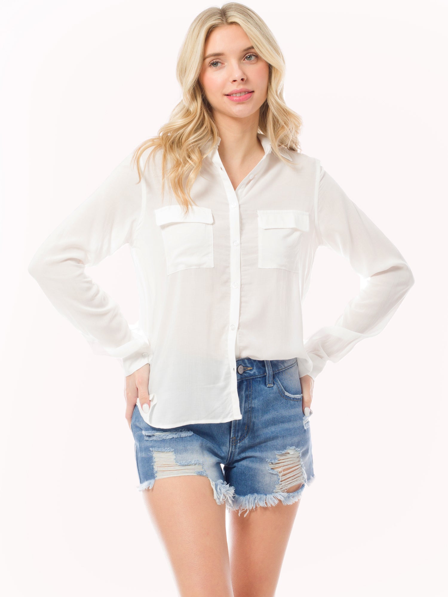 Casual Long Sleeve Button-Down Shirt Collared Blouse Top