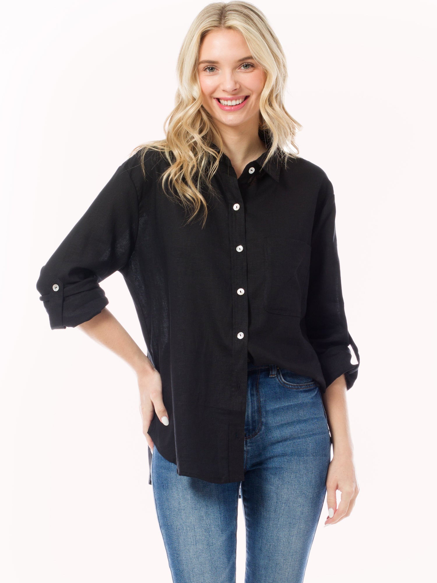 Button Collared Loose Fit Linen Button Down Blouse with Adjustable Sleeves