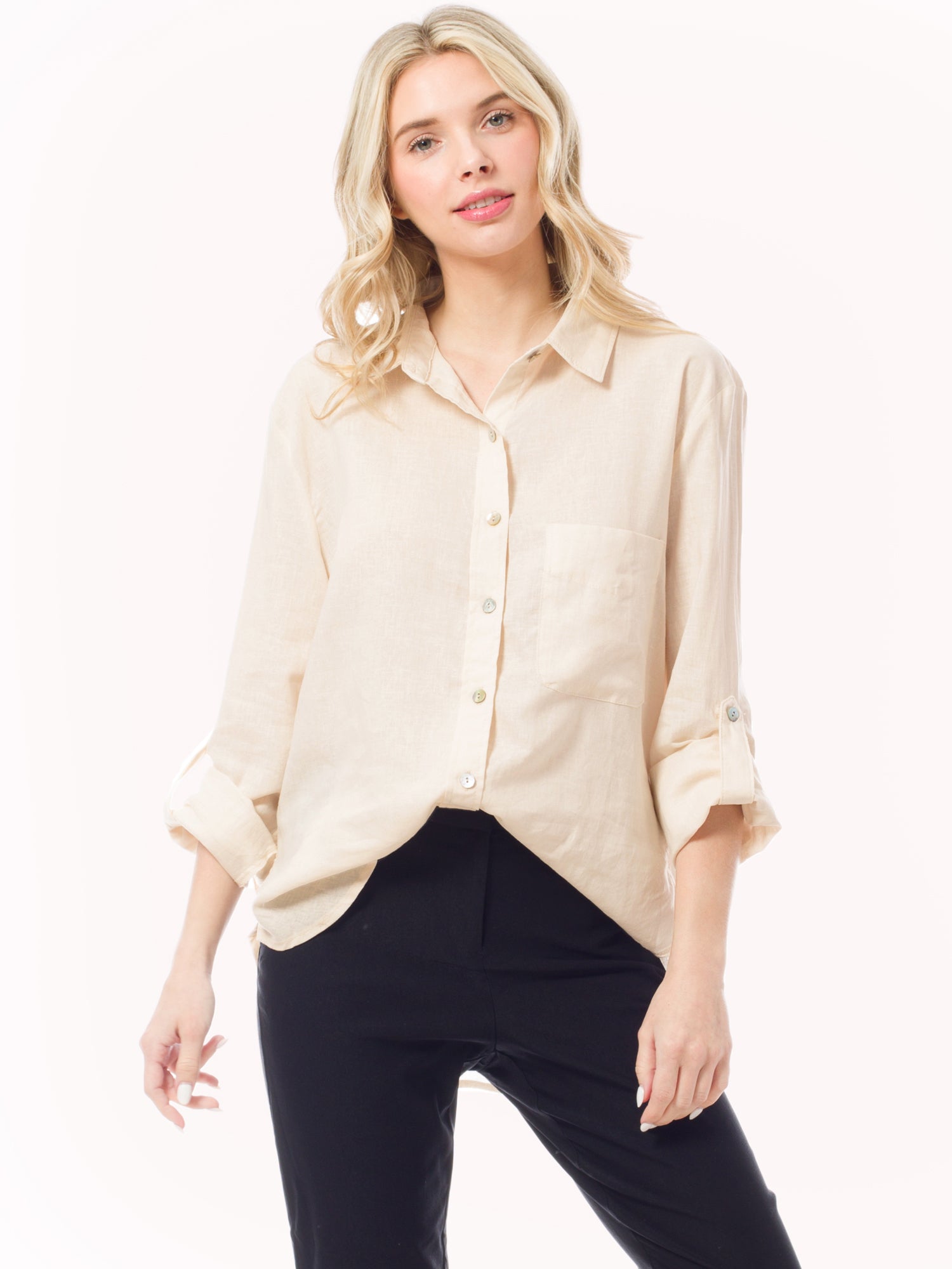Button Collared Loose Fit Linen Button Down Blouse with Adjustable Sleeves