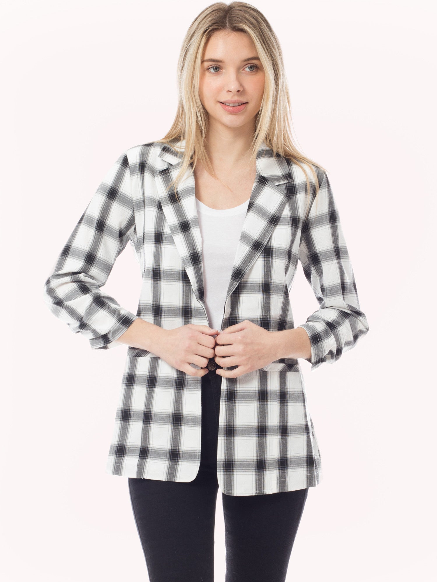 Window Pane Plaid Ruched 3/4 Sleeve Buttonless Stretchy Blazer