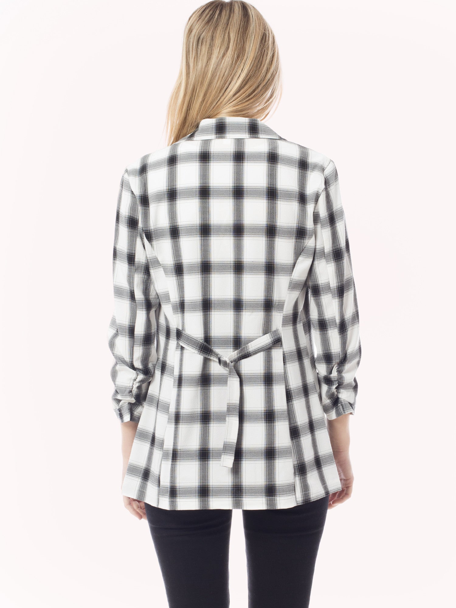 Window Pane Plaid Ruched 3/4 Sleeve Buttonless Stretchy Blazer