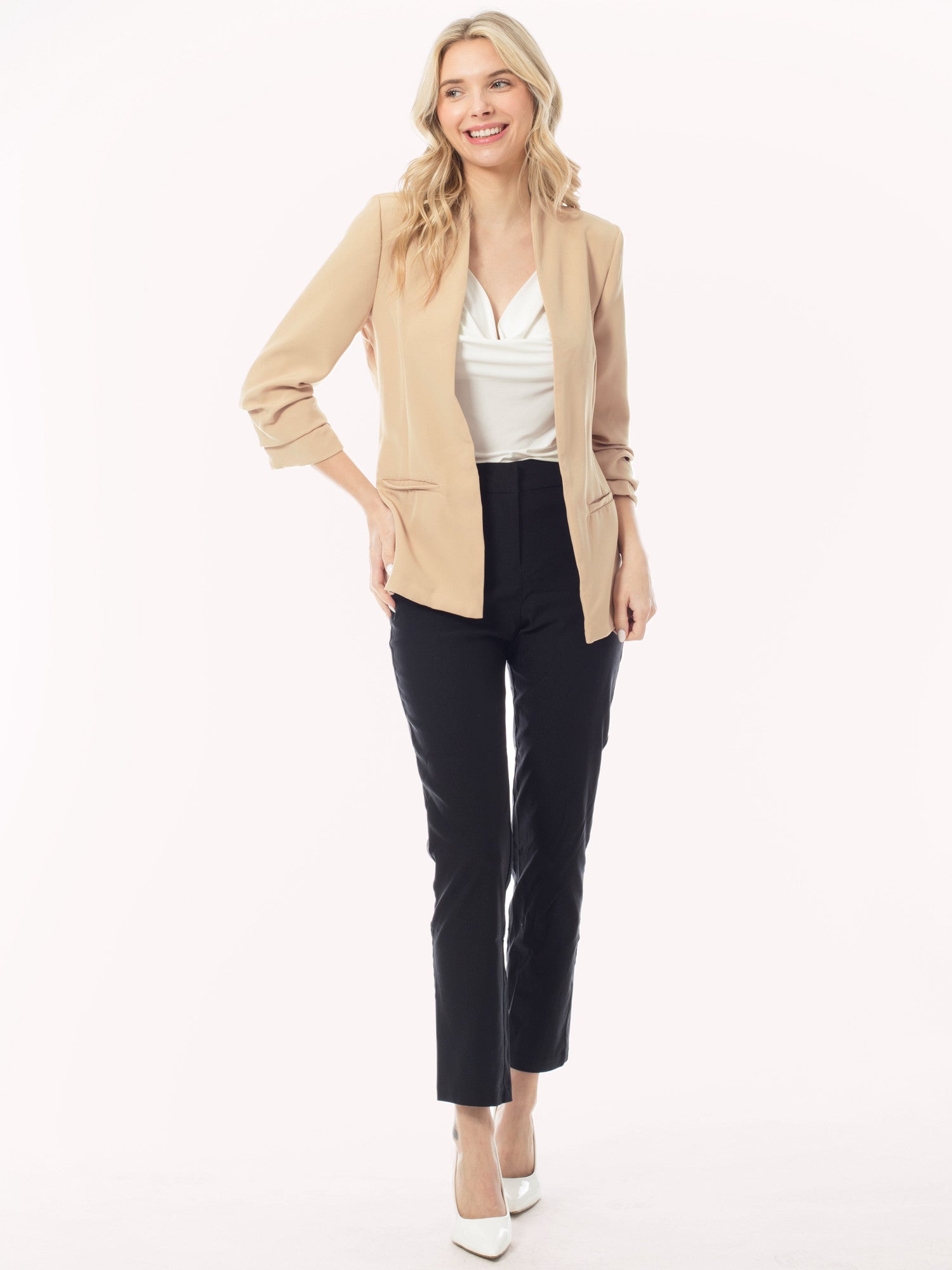 Casual Blazer 3/4 Ruched Sleeve Open Front Relax Fit Cardigan Jacket Blazer