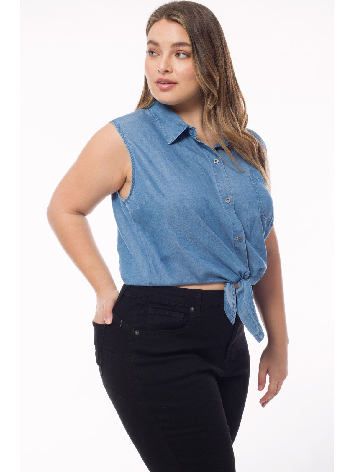 Sleeveless Button-Down Tie Front Knot Crop Chambray Shirt