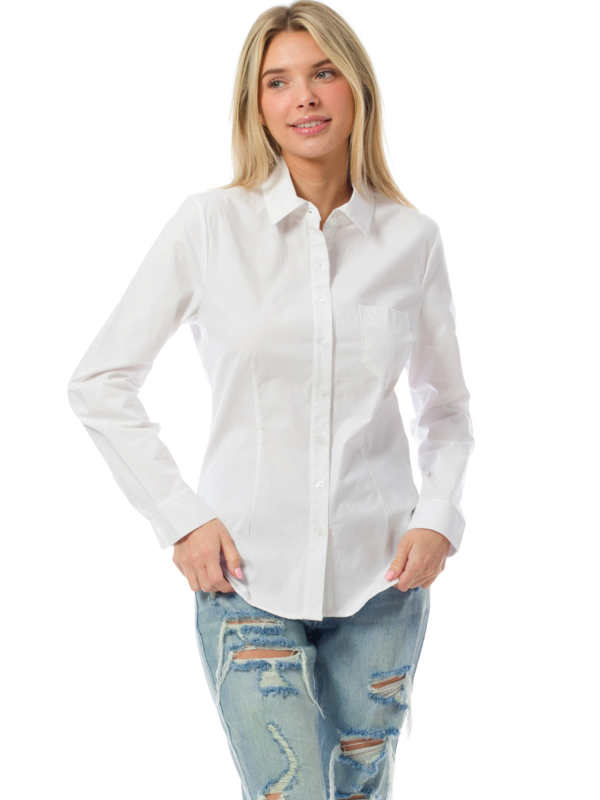Plain Long Sleeve Button Down Shirts Formal Work Dress Blouses Tops