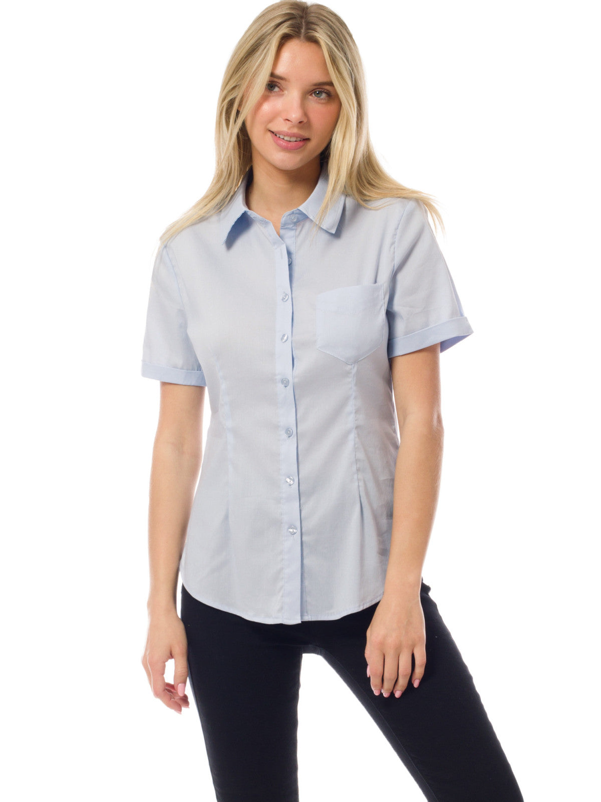 Slim Fit Plain Classic Short Sleeve Button Down Collar Shirt Blouse