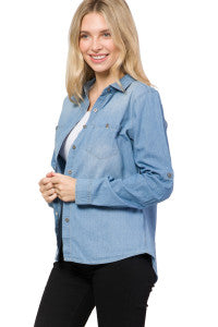 Classic Roll-Up Sleeve Button-Down Chambray Denim Shirt