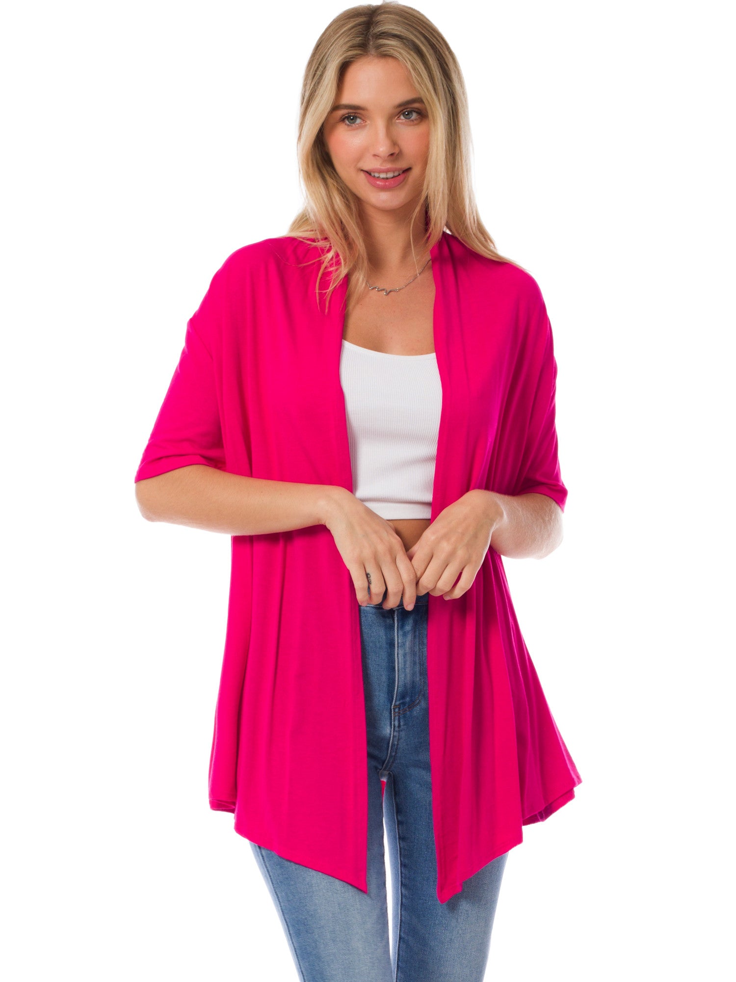 Solid Jersey Knit Short Sleeve Open Front Draped  Cardigan