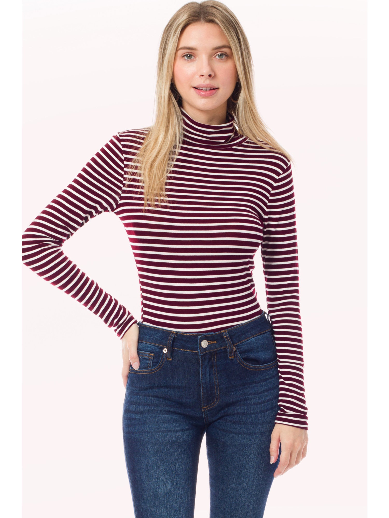 Tight Fit Lightweight Solid/Stripe Long Sleeves Turtle Neck Top