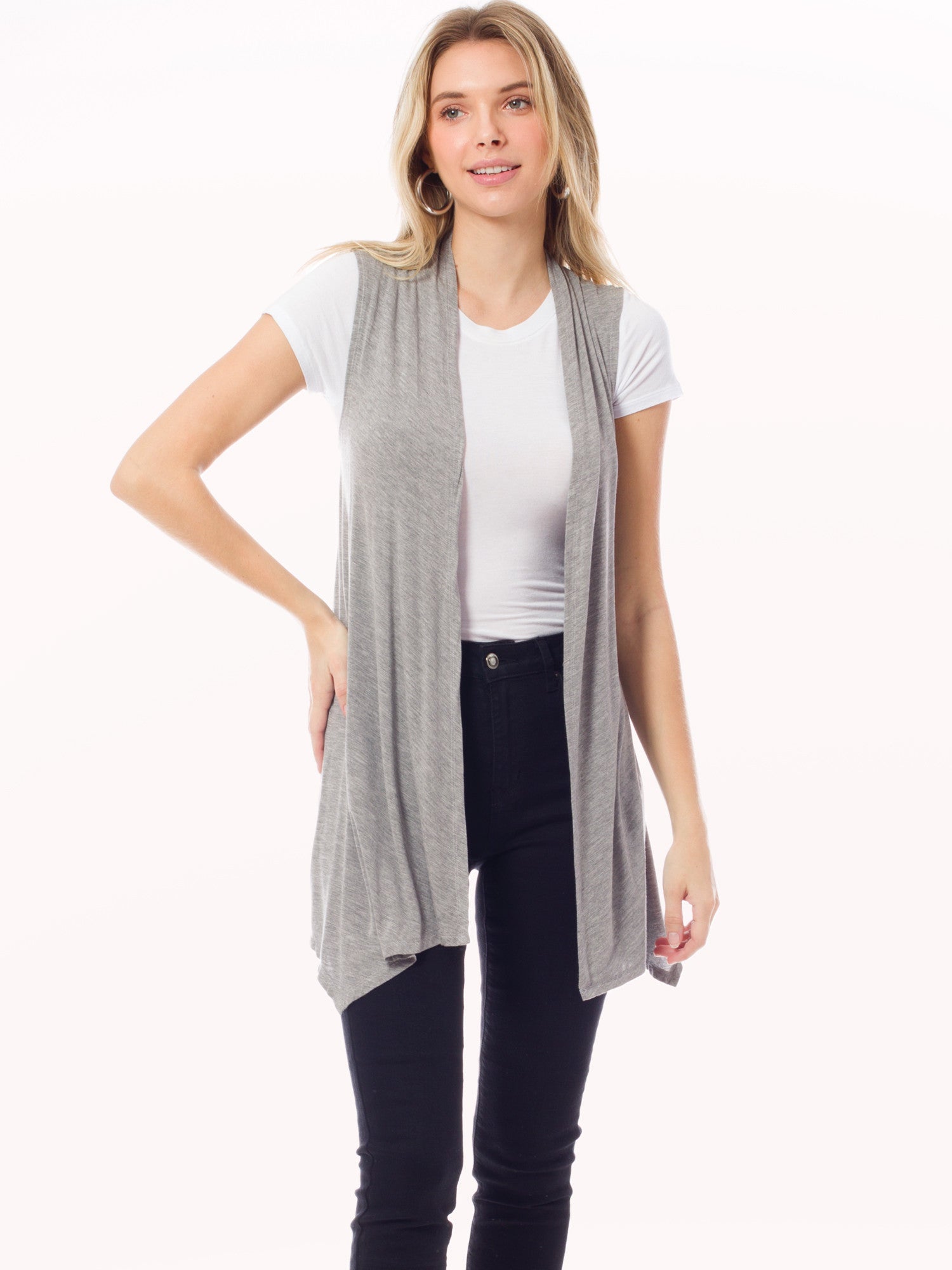 Solid Sleeveless Open Front Sheer Fabric Long Vest Cardigan