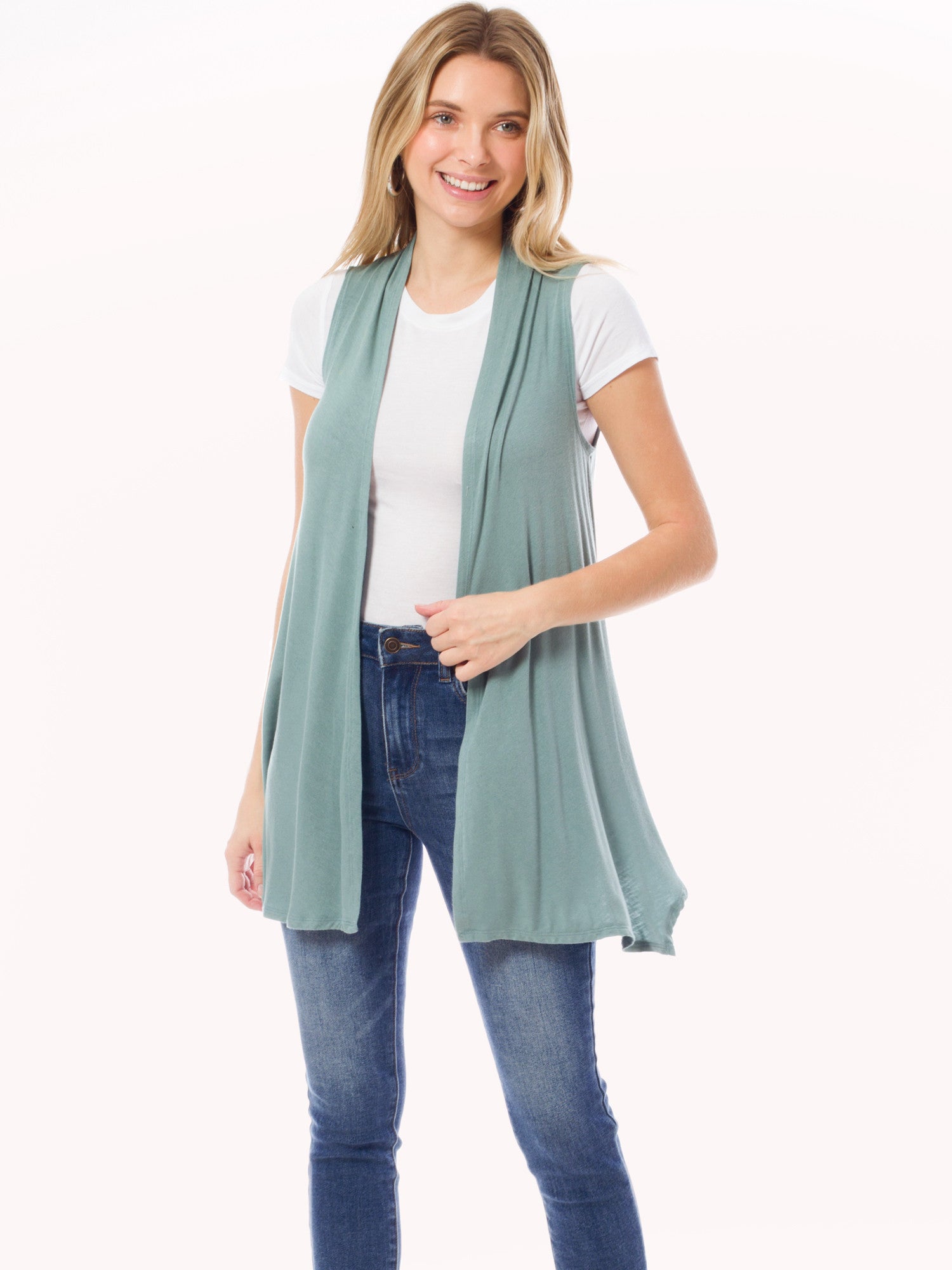 Solid Sleeveless Open Front Sheer Fabric Long Vest Cardigan