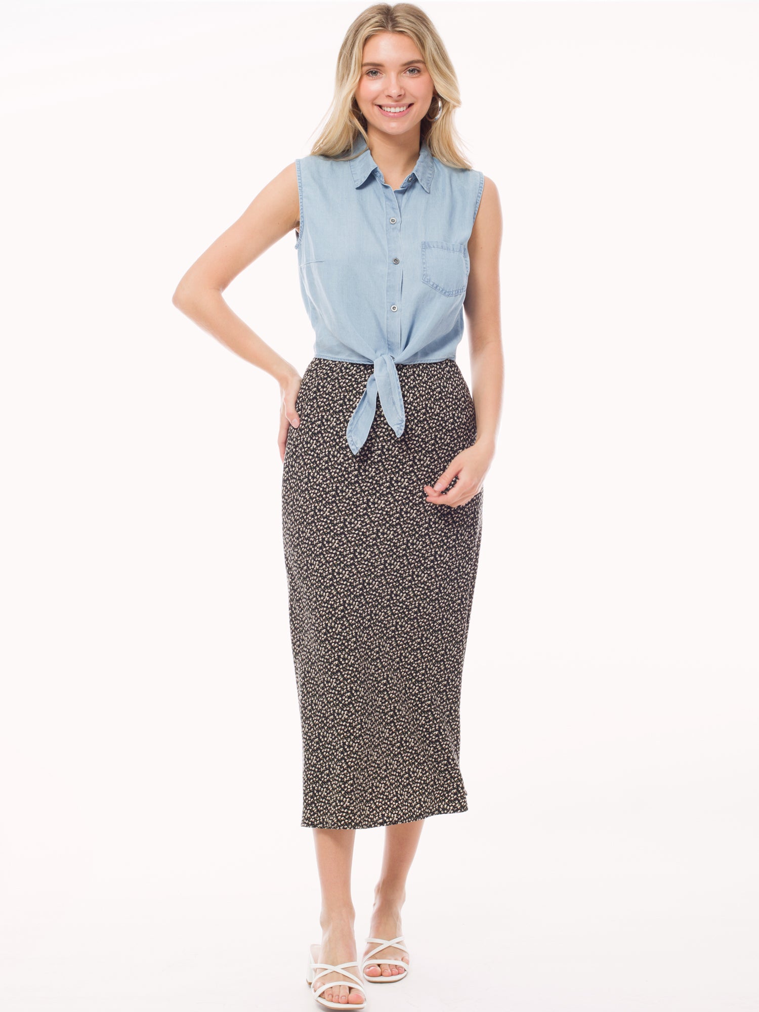 Sleeveless Button-Down Tie Front Knot Crop Chambray Shirt